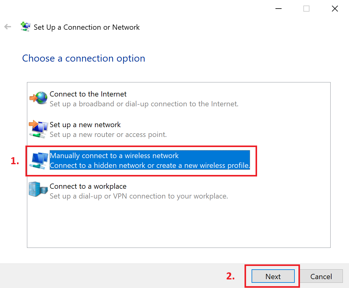 Step 4. In the Set up a connection or network window, select Manually connect to a wireless network, then click Next.
