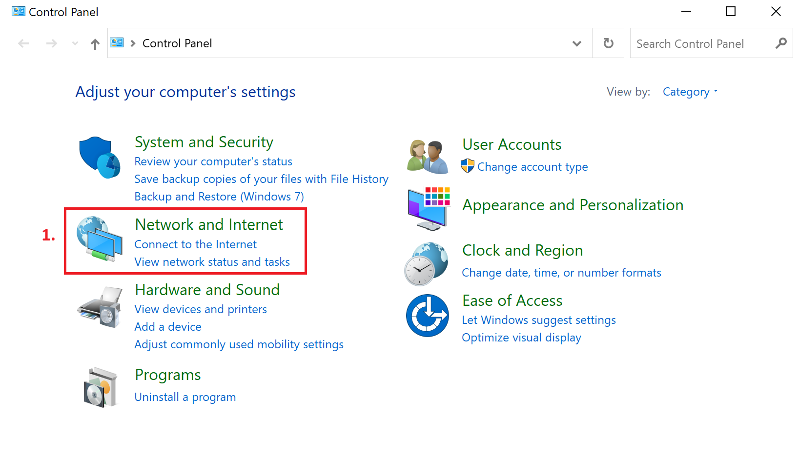 Step 1. Open Control Panel and click Network and Internet.