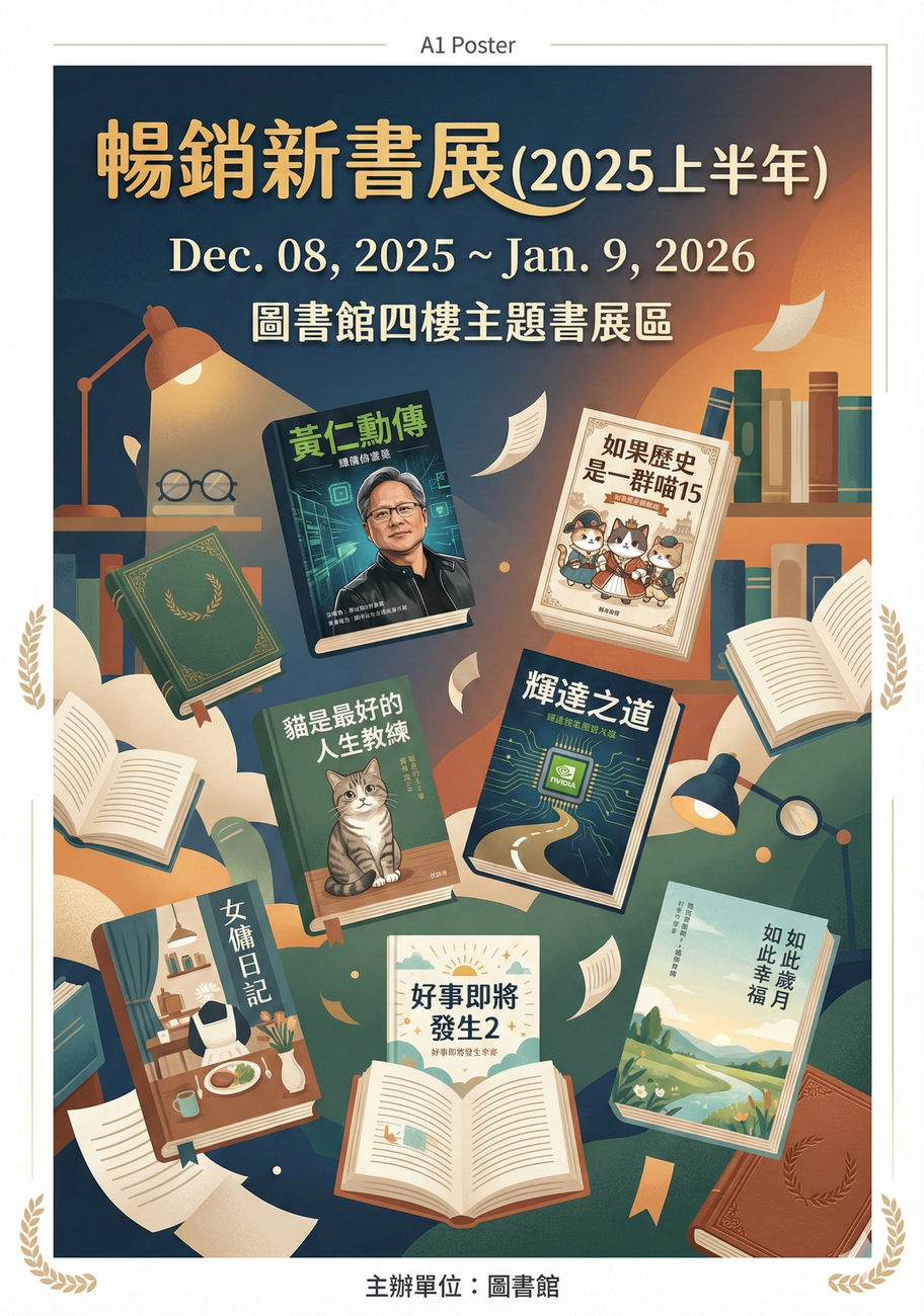 圖書館114學年度主題書展(4)：暢銷新書展(2025/12/08~2026/01/09)，歡迎您撥冗到館借閱！(Open new window/png file)Image